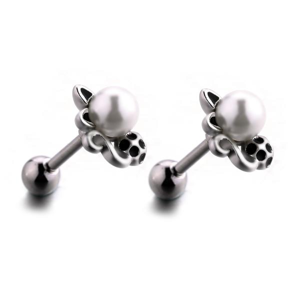 Unique cat shaped pearl stud earrings stainless steel piercing jewelry on hot sale