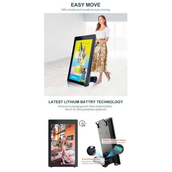 Наружный емкостный сенсорный ЖК-дисплей портативный с колесами, рекламный дисплей с цифровыми вывесками, питаемый батареей