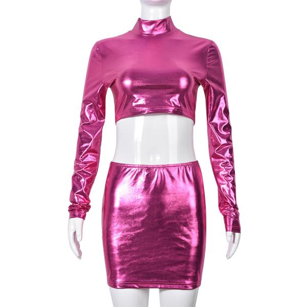 Metal Brilhante Sexy Vestido Casual Feminino Midriff-Fitting T-Shirt de Festa