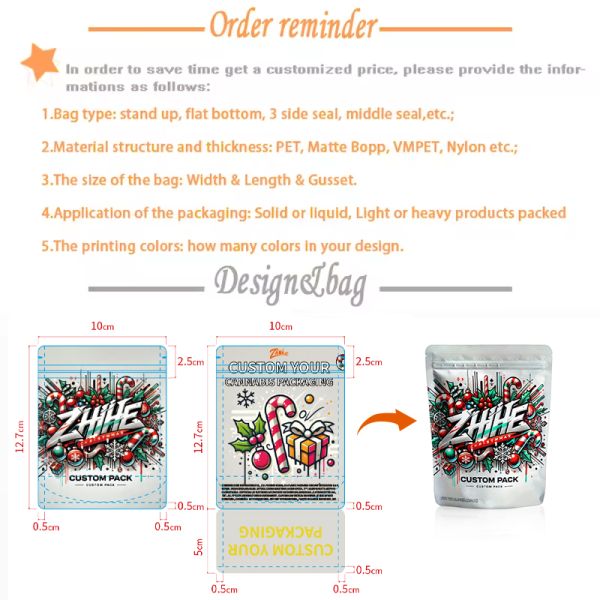 Zhihe Small Batch Customization Moisture Proof 3.5 3.5g 7g Mylar Bags Stand up Pouch With Holographic Design Resealable