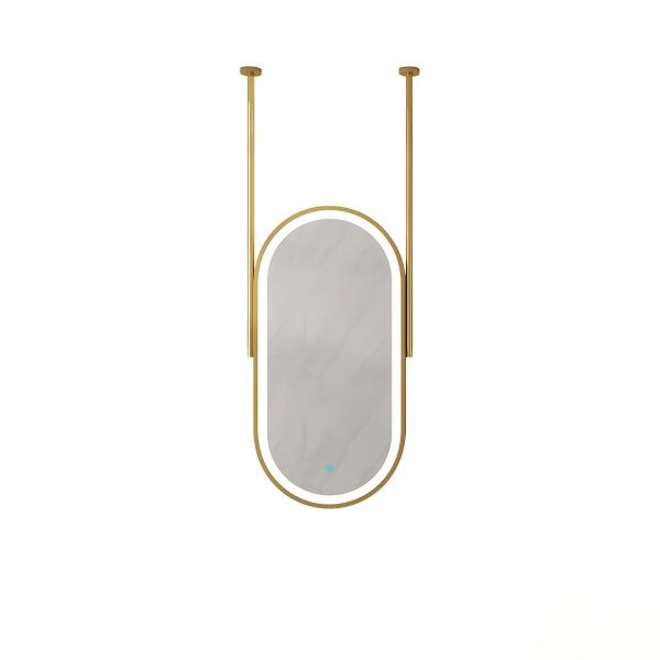 Kingstin Luxury Oval Ceiling Hanging LED Mirror Gold Brushed Frame, Smart Touch Switch Anti-Fog Suspension Bath Mirror