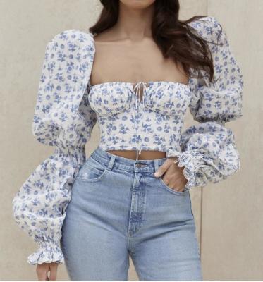 Custom Apparel Factory Women'S Casual Floral Print Square Neck Back Zipper Bell Long Sleeve Crop Top Blouse