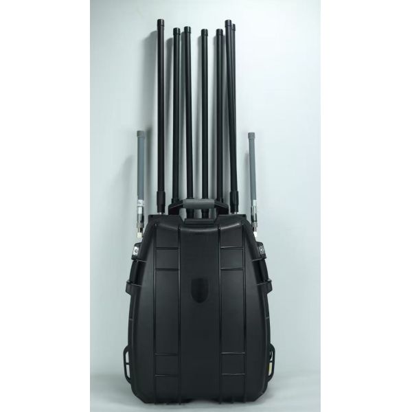 Portable backpack-style drone detection and jamming device with 100-2000 meters detection range and multiple jamming frequency bands