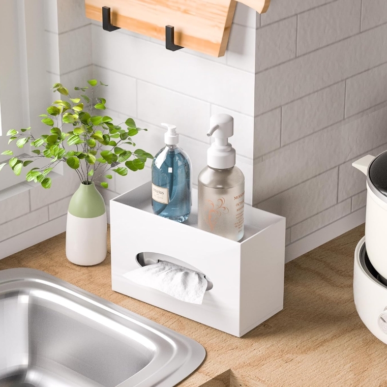 White Acrylic Tissue Box Cover With Storage Tray For Bathroom Kitchen Home Office