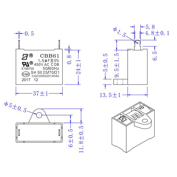 CBB61 450V 1.5UF Фильмовый вентилятор конденсатор Ac Моторный стартовый конденсатор 25 / 70 / 21 Передняя ложка