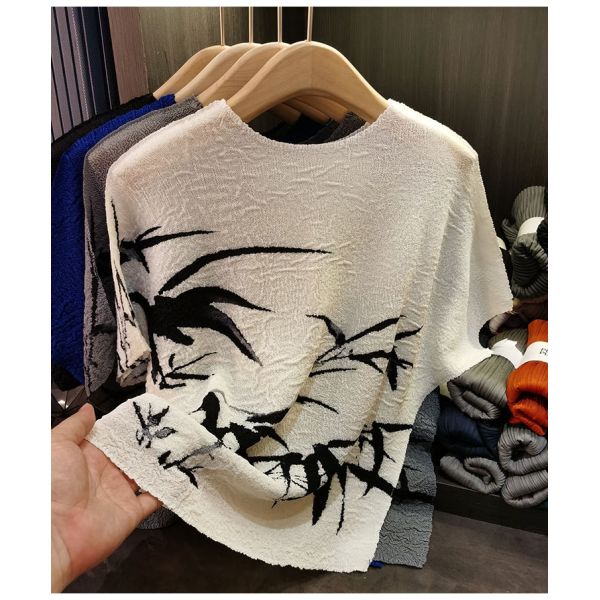 Retro pleated summer new Chinese ink bamboo print T-shirt fashionable plus size women's casual top