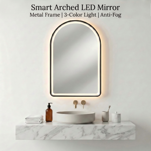 Kingstin Smart Arched LED Mirror Metal Frame 3-Color Light Anti-Fog Wall Makeup Mirror