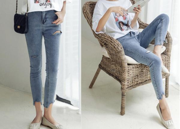 XS - XXL Ladies Denim Jeans Light Wash Rip And Repair Ladies Skinny Jeans