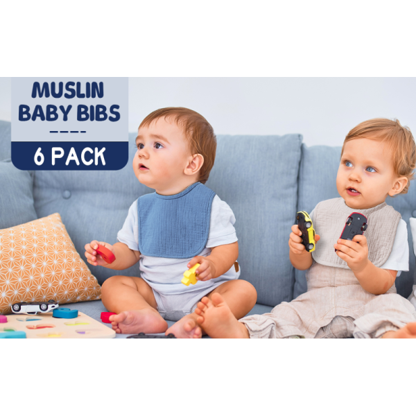 6-Pack Muslin Baby Bibs for Unisex Boys Girls, Cotton Baby Drool Bibs for Drooling and Teething