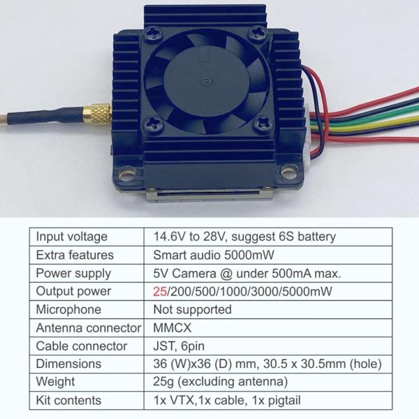 AKK TX5000AC 5W 5.8GHz 96CH FPV Video Transmitter VTX for Racing Drone 25g