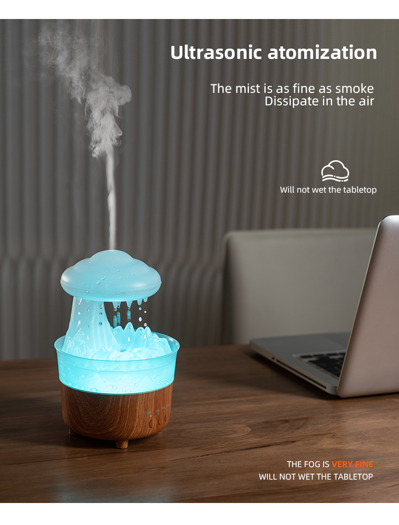 New Arrival Portable Electric Wood Grain Air Rainfall Mushroom Water Drop Aroma Diffuser Rain Cloud  Humidifier