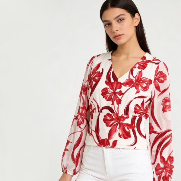 Vibrant Red Floral Print V-Neck Crop Top - Long Puff Sleeves for Effortless Summer Style