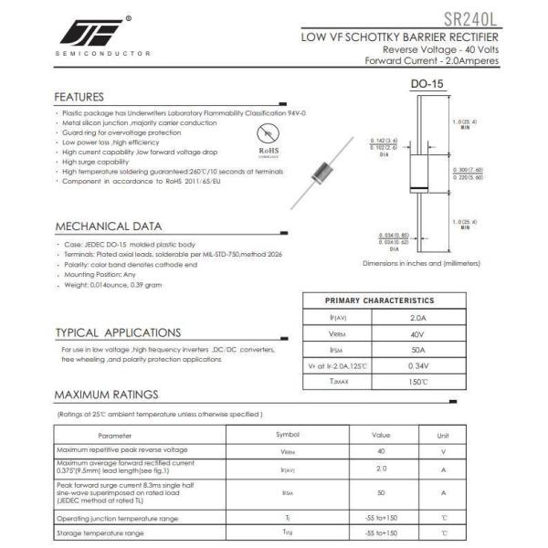 DO-41 Package Alloy Structure SR260L 2A 60V Low Vf Schottky Diode for Industrial
