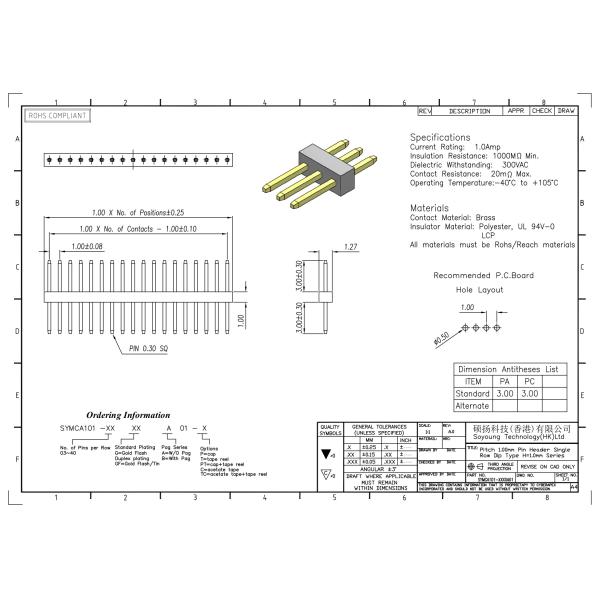 1*3PIN To 1*40PIN Single Row Header Connector 1.00mm Straight Type