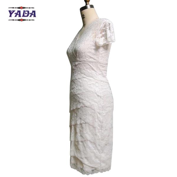 Модные кружевные V-ошейник короткий рукав элегантные женщины дамы белые платья для зрелой женщины