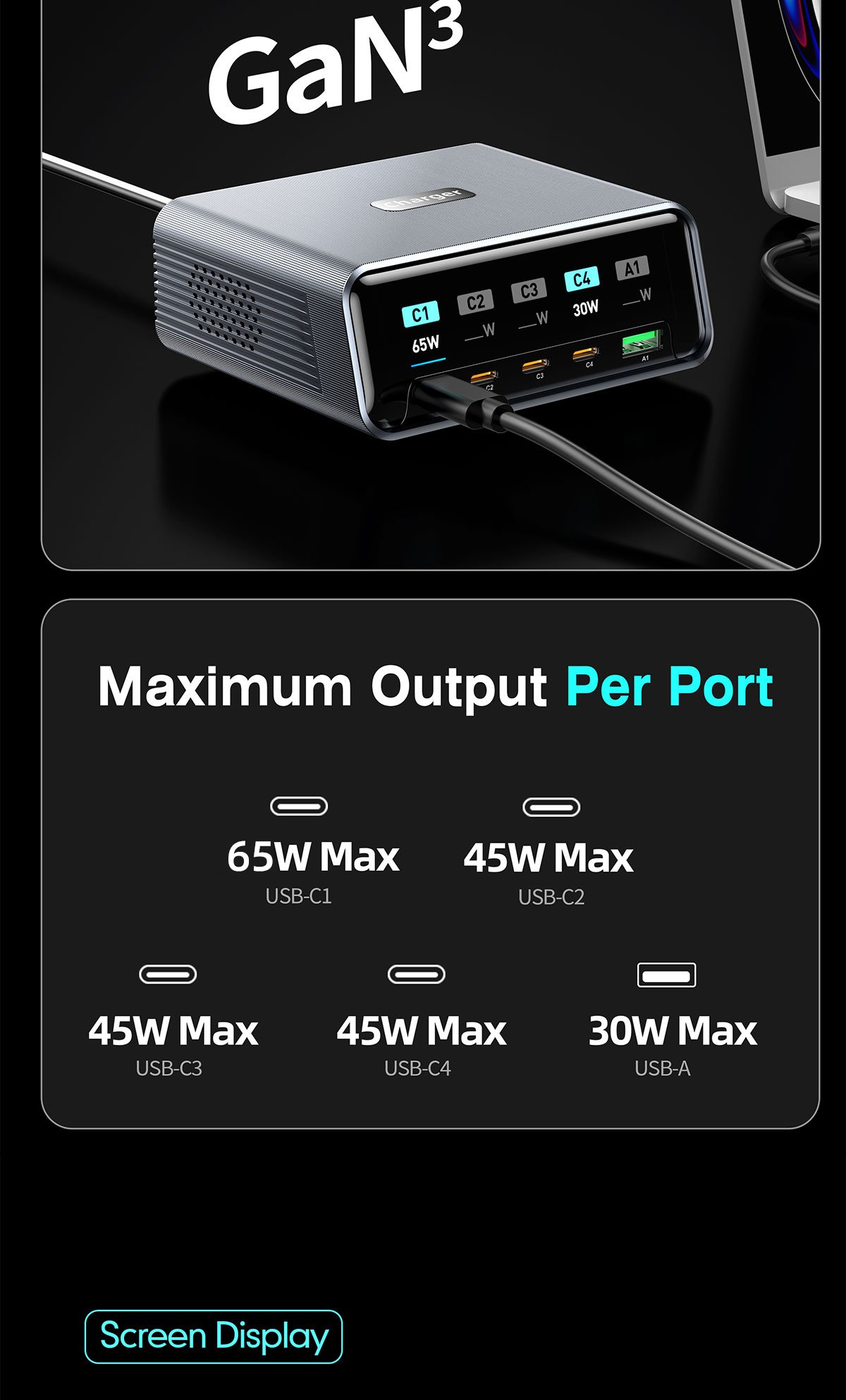 100W GaN Fast Charging Station 5 Port Desktop USB C Charger 4 Type C and 1 USBA Fast Charging Hub