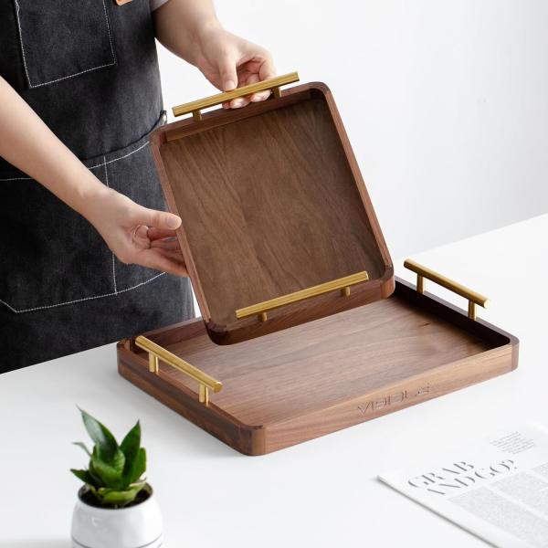 Rustic Brass Handles Walnut Wooden Coffee Table Serving Tray for Desserts Cakes Tea Cups Handmade