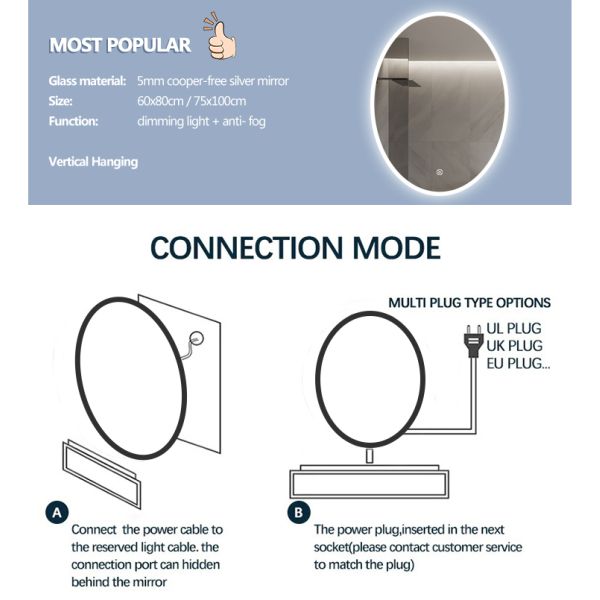 Round Polished Edge Bathroom Mirrors With LED Light Smart Touch Sensor