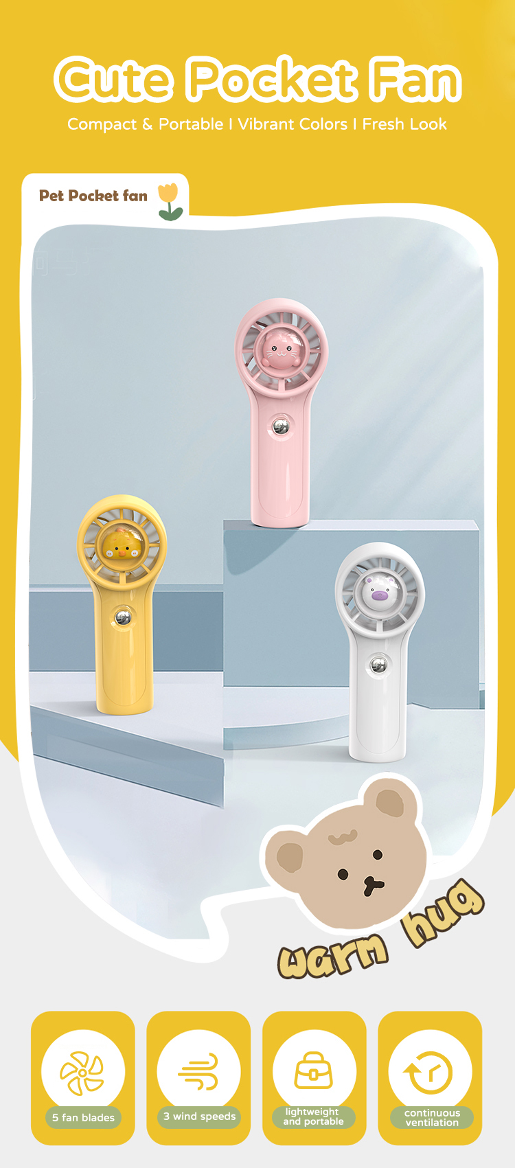 Rechargeable Kids-Safe Design Quiet Cute Cartoon Pig/Cat/Chicken Kids Handheld Fan with 1200mAh Battery