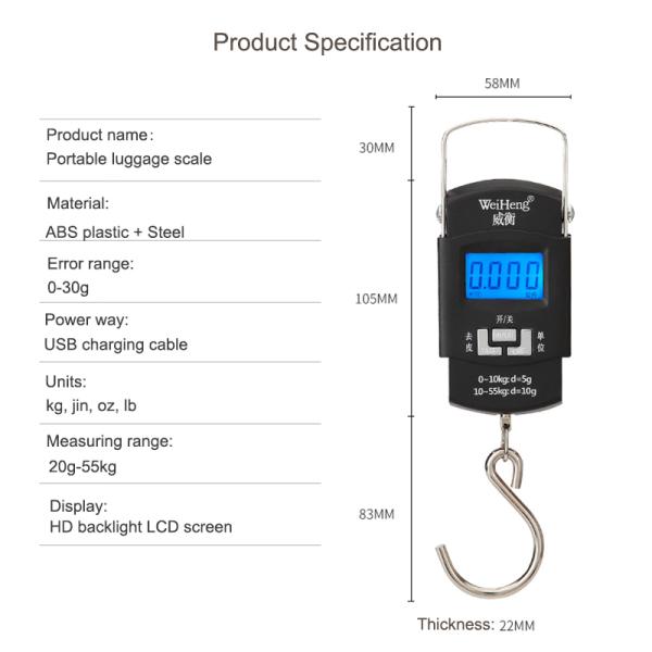 USB Recharging Portable Luggage Scale with Big Hook 55kg Maximum Weight Recommendation and Units in kg