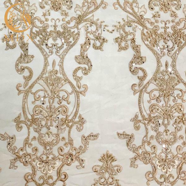 Polyester Gold Beaded Embroidery Lace Fabric For Home Textile