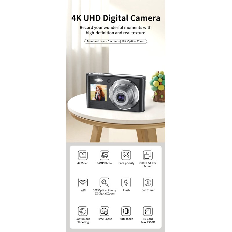 Retro 4K Video Dual Screen Mirrorless Camera 10X Optical Zoom Digital Compact Cameras with Face Priority Anti-Shake for Beginner