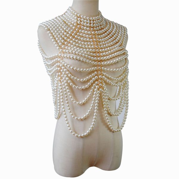 2025 Europe and America Multilayer Pearl Choker Chest Shoulder Chain Pearl Body Chain Wholesale Price