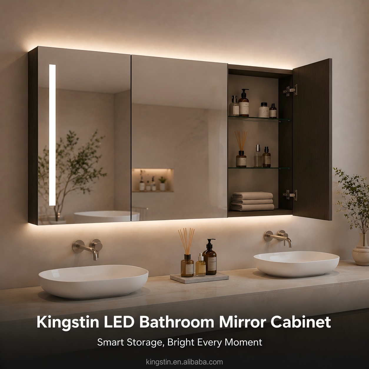 Kingstin Premium Copper-Free Silver Glass Smart LED Mirror Cabinet for Hotels & Home Bathrooms