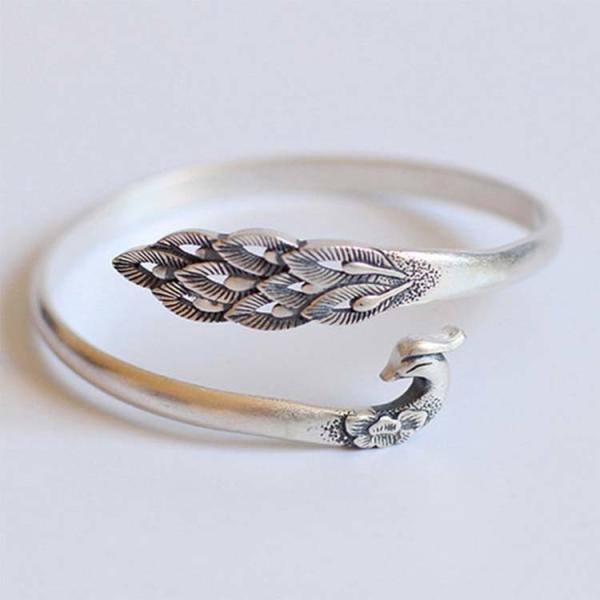 Sterling Silve Open Adjustable Cuff Bracelet Engraved Peafowl Fine Bangle(XH052136)