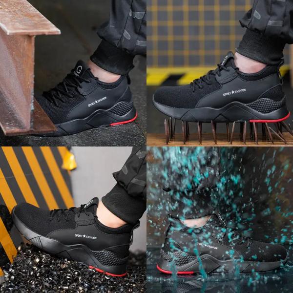 Black Men'S Casual Steel Toe Work Shoes , Sports Safety Shoes With Knitted Fabric Upper