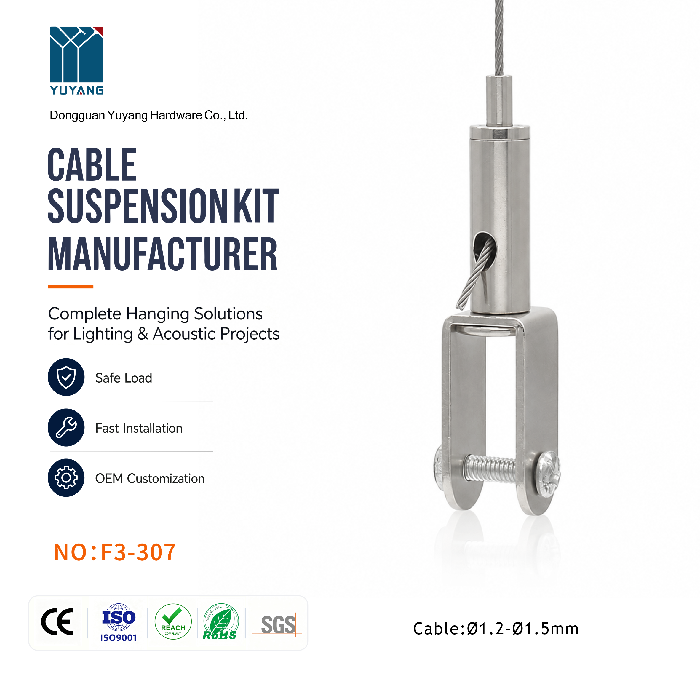 F3-307 Fork Gripper Ceiling Attachment M4 Thread 57mm for Wire Rope Hanging System