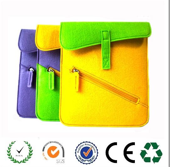 Custom purple green yellow felt laptop bag with front zipper pockets