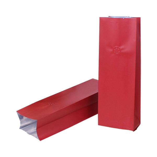 Valved Glossy / Matte Laminate Quad Seal Flat Bottom Coffee Pouch With Tin Tie Closure