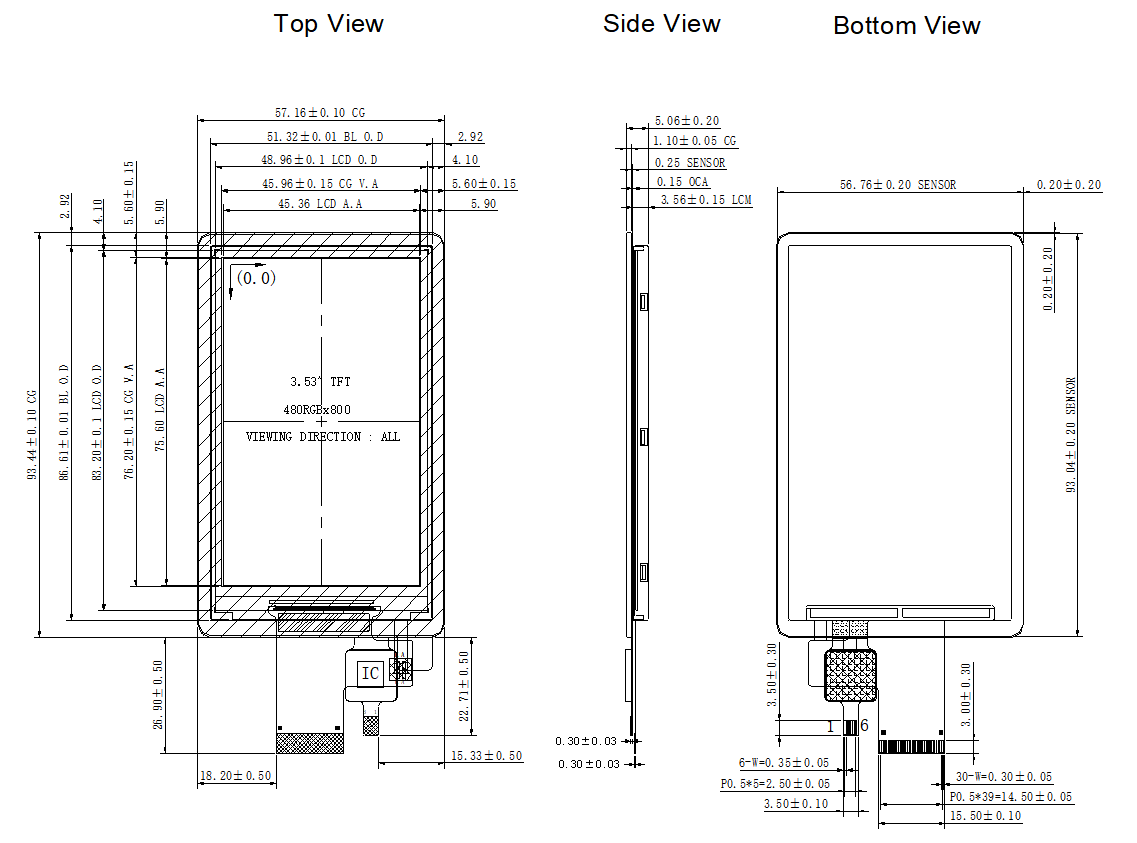 OEM 3.53 Inch IPS TFT LCD Display 480×800 Dots Industrial TFT Display 250cd/M2