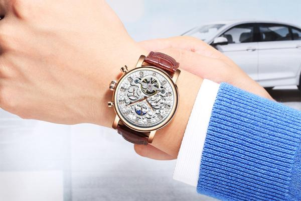 Brand KINYUED watch diamond decoration dial skeleton mens leather automatic mechanical watch