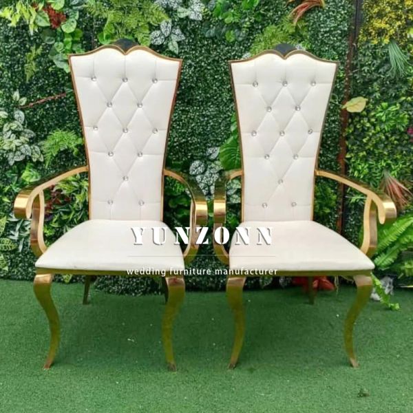 Manufactured White High Back Golden Rental Stainless Steel Hotel Banquet Event Wedding Couple Arm Chairs