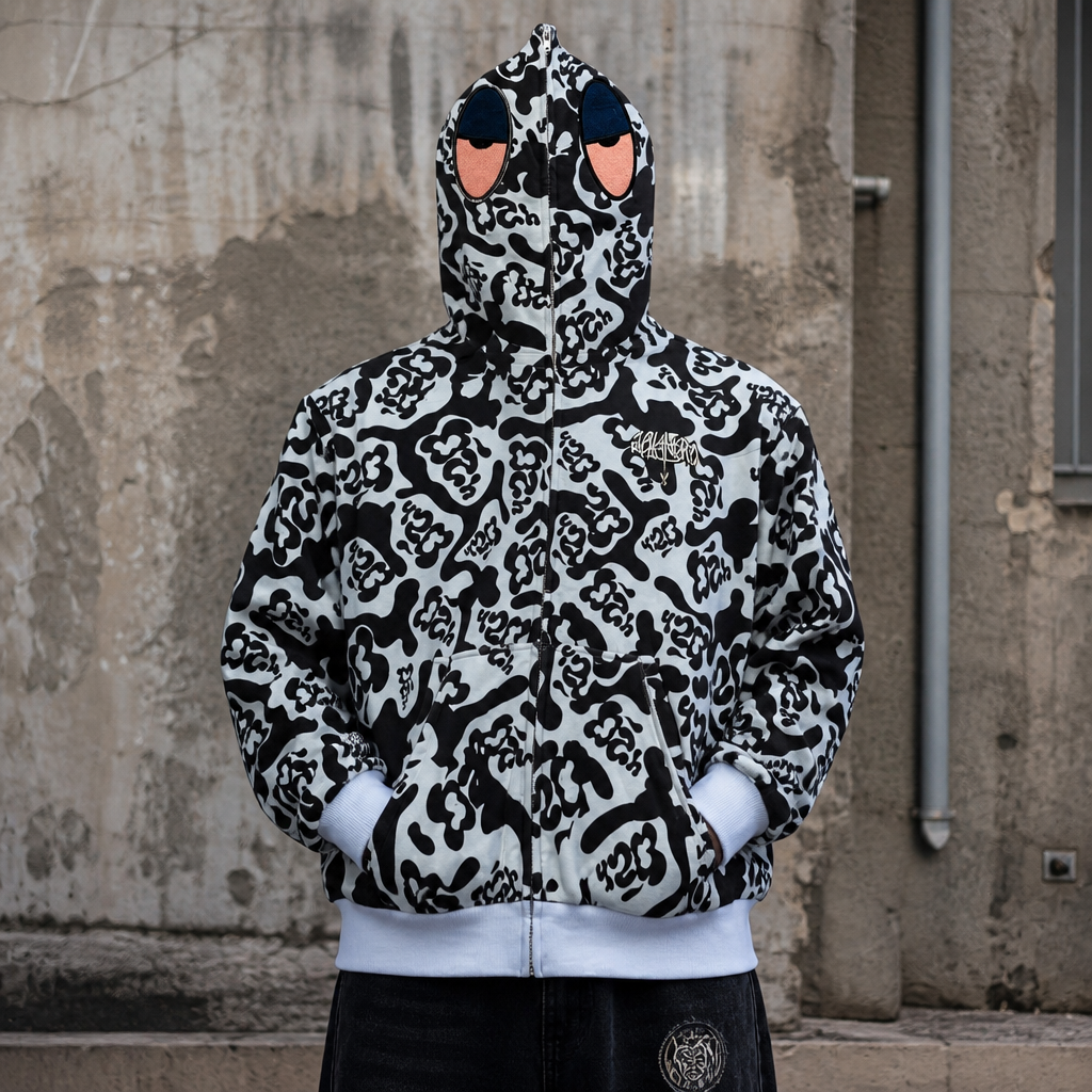 Tianan Custom Camo All Over Print Full Zip Hoodie Embroidery Applique Streetwear Loose Boxy Multi Zipper Spliced Padded Hoodie