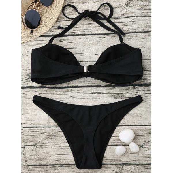 Sexy String Bikini Set Halter Swimsuit Backless Bathing Suit Women Solid Black Bikini Brazilian Biquini Push Up Swimwear