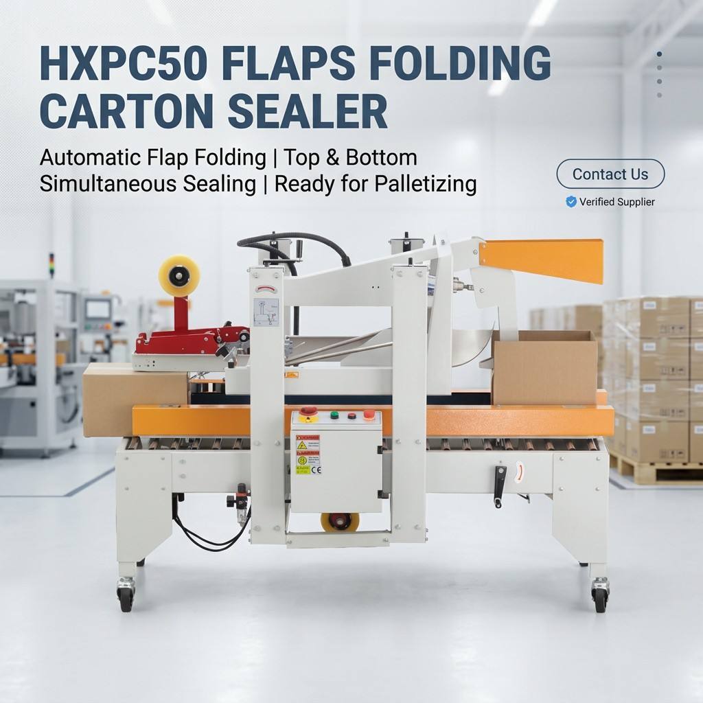 HXPC50 Industrial Box Sealer Automating Flap Folding Tape Sealing and Discharging