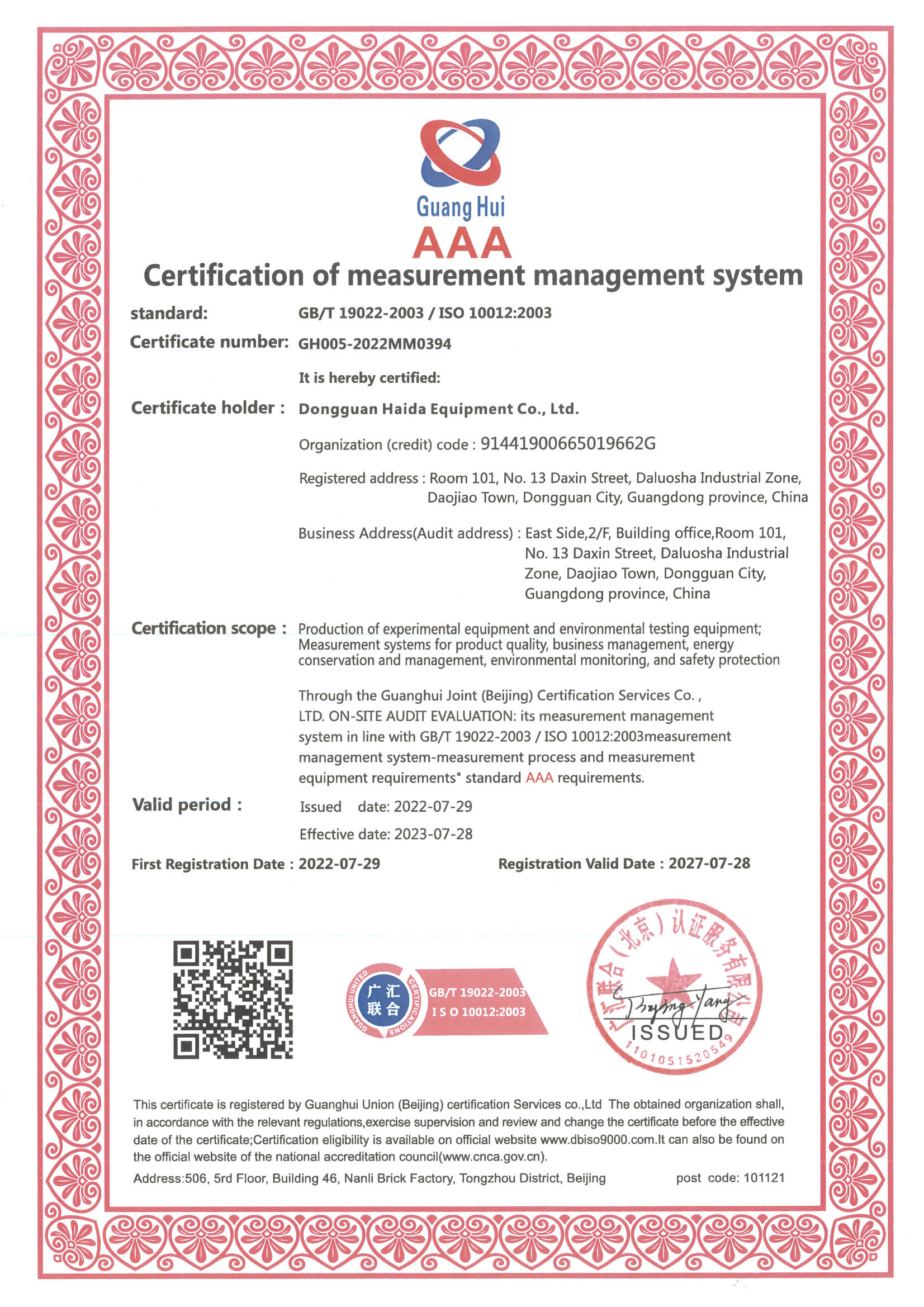 Hai Da Labtester Certifications