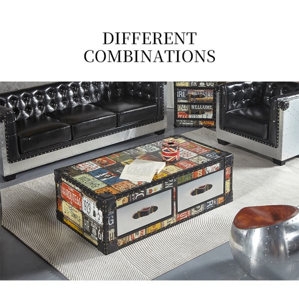 Nidea #312 Handcrafted Durable Multi-purpose Vintage Leather Living Room Cabinet with Retro License Plate Design, Featuring Two Drawers.