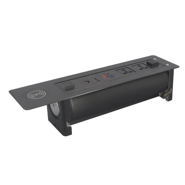 Multimedia electric flip up hidden table mount socket with wireless phone charger