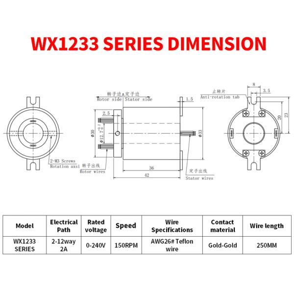 Bague collectrice électrique à trou traversant de petite puissance 12,7 mm, coque en plastique PBT, vitesse 150 tr/min