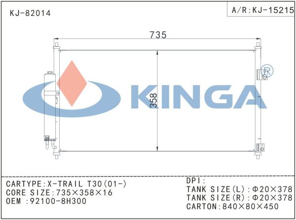 X-Trail T30 2001 Auto Car Nissan Condenser 92100-8h300 / Water - cooled Air Conditioning Condenser Radiator