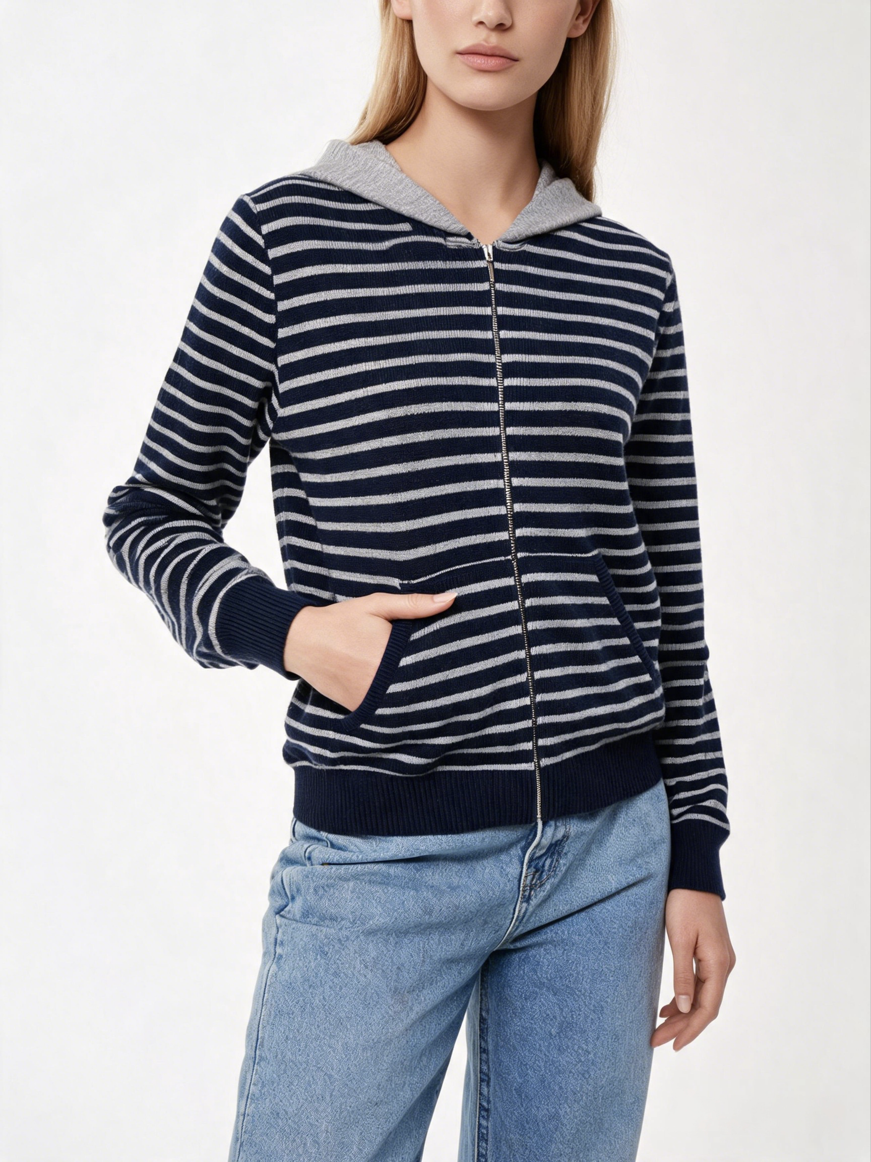 Hooded Full-Zip Striped Knit Cardigan with 7G Gauge Computer Knitted for Excellent Warmth