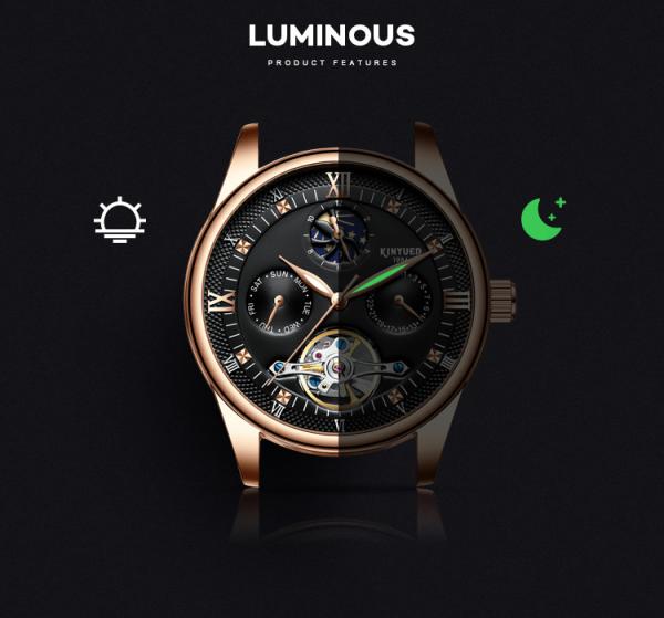 KINYUED genuine leather tourbillon mens automatic watch  men moon phase watch men wristwatch