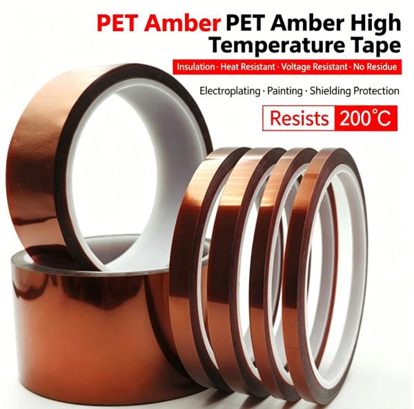 Nomay Amber PET High Temperature Masking Tape / Gold Finger Tape Heat Resistant 200℃, Insulating, Acid & Alkali Resistant, Zero Residue After Peeling