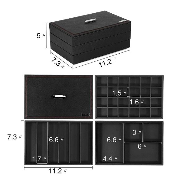 Black Color 24 Slot PU Leather Jewelry Boxes Stackable Necklace Display Trays Handmade