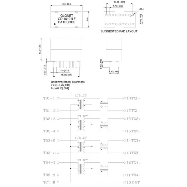 Through Hole Ethernet Isolation Transformer 18 Solder Foots 2 Rows