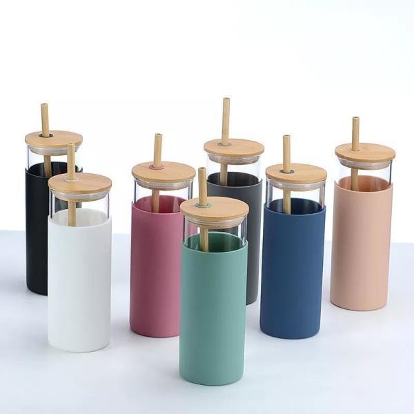 Spill Proof 500ml Colorful  Outdoor Travel Glass Water Bottle With Straw Bamboo Lid Water Bottle Lightweight For Home OfficeCustomized Acceptable